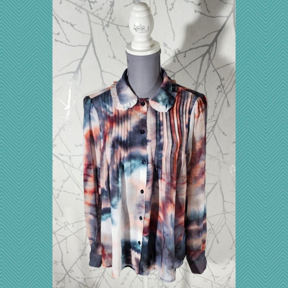 Kontatto Abstract Watercolor Pleated Button Front Blouse Fairy